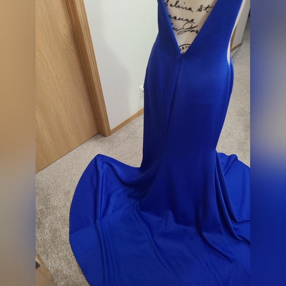 Jovani 08695 deep v-neck slit Cobalt royal illusion simple prom formal dress - Picture 5 of 8